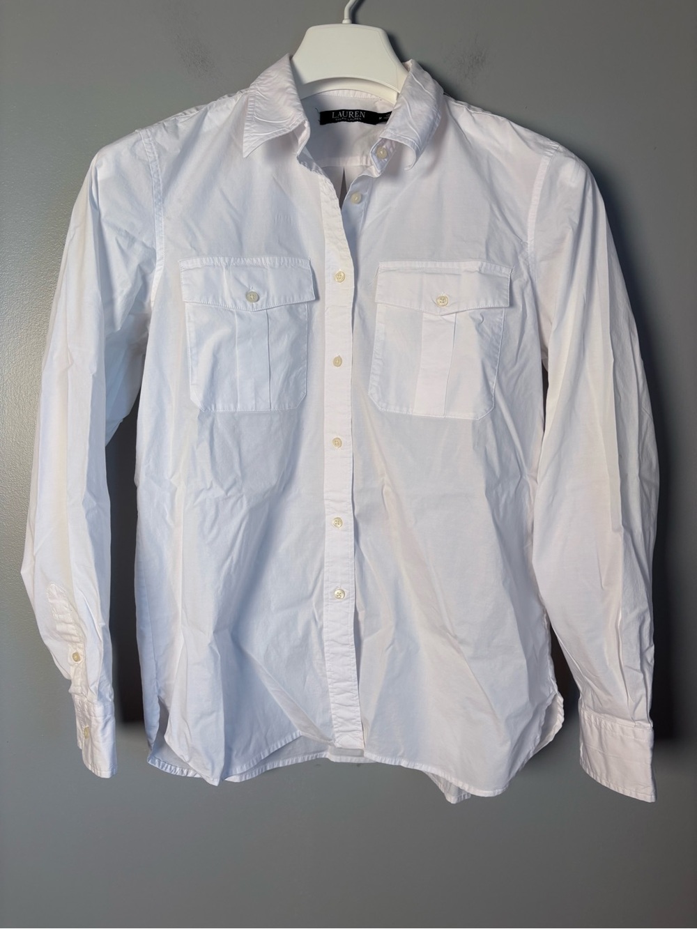Lauren Ralph Lauren Womens M White Cotton Stretch Button Up Shirt Dual Pocket